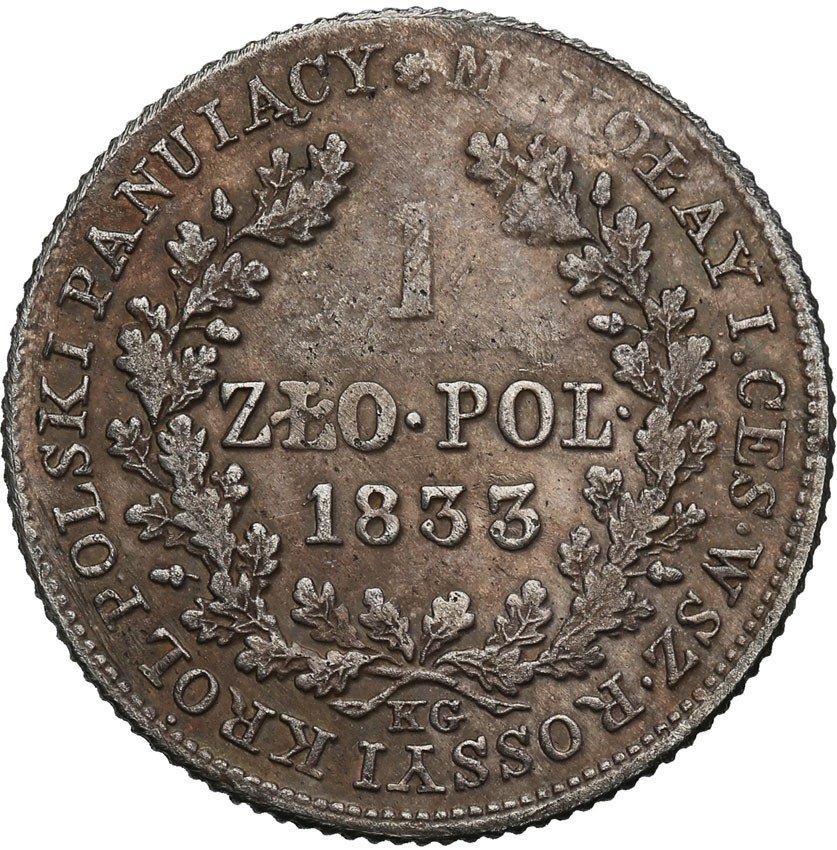Królestwo Polskie. Mikołaj I. 1 złoty 1833 KG, Warszawa - RZADKOŚĆ